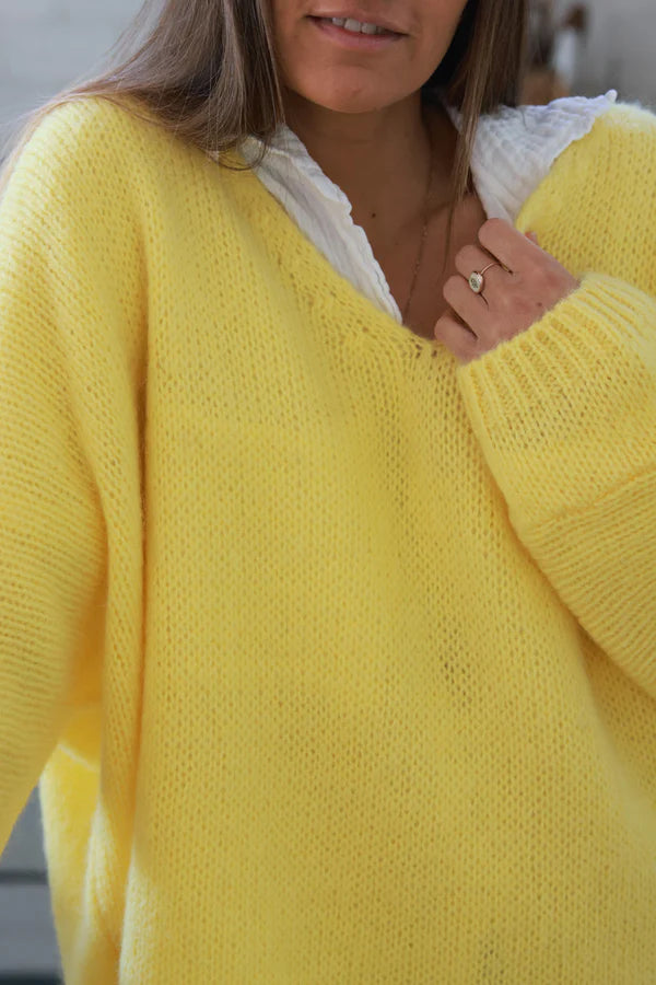 Yellow Woollen v-neck Sweater with Batwing sleeves