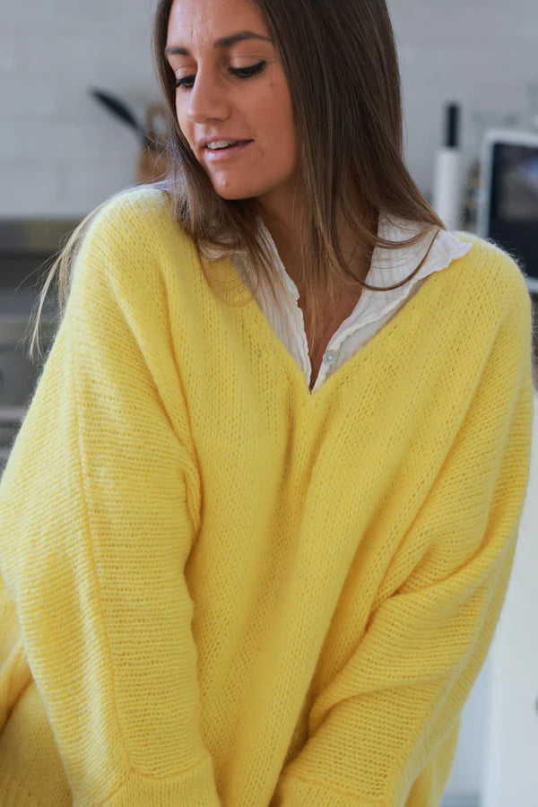 Yellow Woollen v-neck Sweater with Batwing sleeves