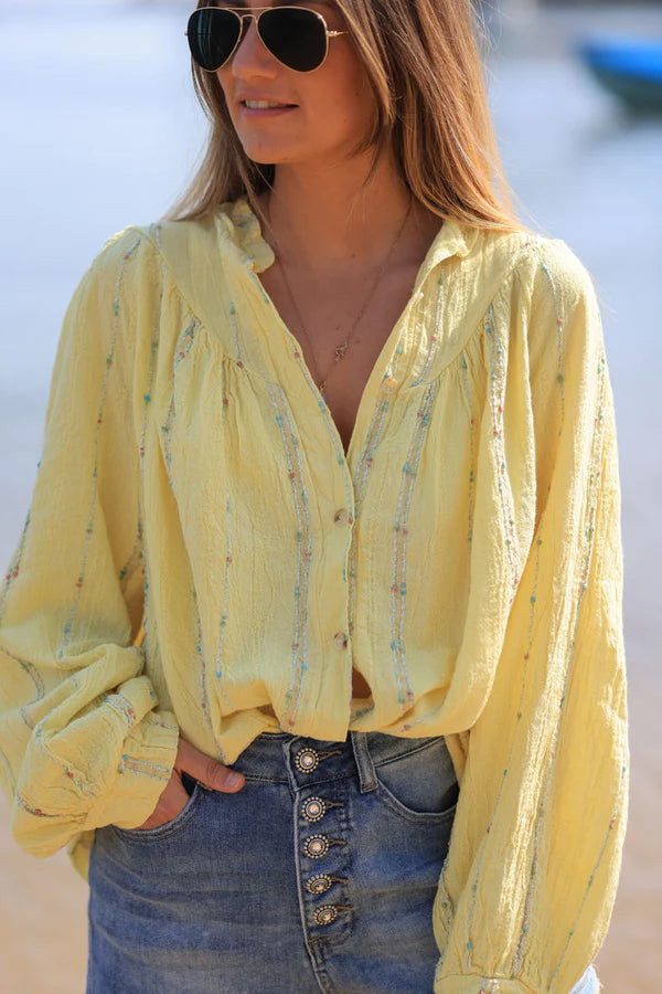 Yellow woven cotton shirt with gold and colored threads