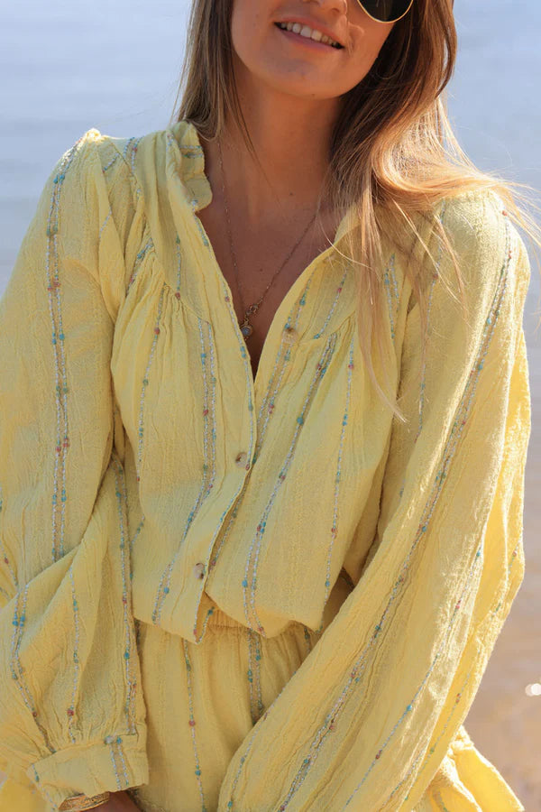 Yellow woven cotton shirt with gold and colored threads