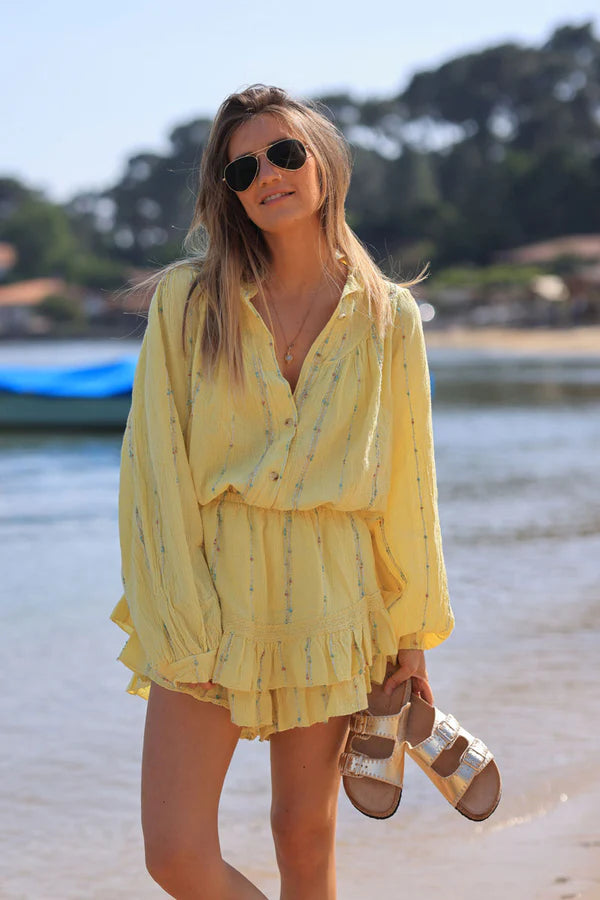 Yellow woven cotton shirt with gold and colored threads