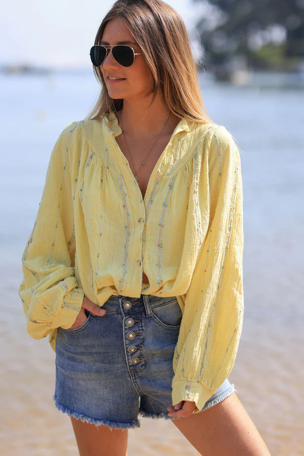 Yellow woven cotton shirt with gold and colored threads