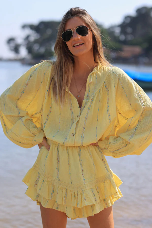 Yellow woven cotton shirt with gold and colored threads