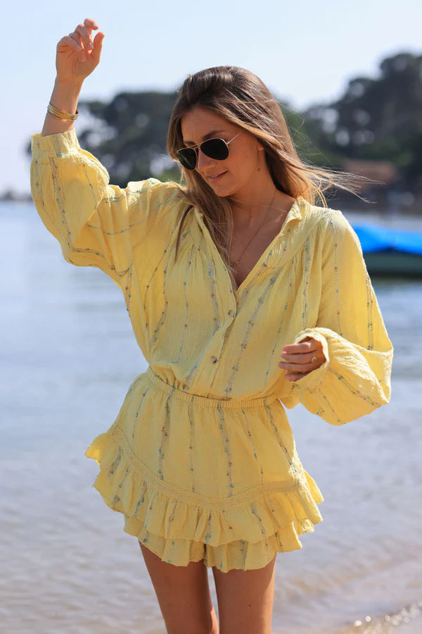 Yellow woven cotton shirt with gold and colored threads